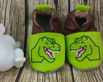 Soft leather slippers, imitation leather, neon green and brown, children's slipper, personalized slipper, dinosaur