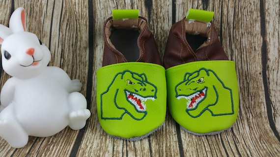 Soft leather slippers, imitation leather, neon green and brown, children's slipper, personalized slipper, dinosaur