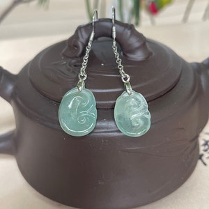 925 Silver Grade A Jadeite Ruyi Dangling Earrings