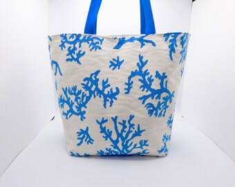 tote bag, turquoise coral print