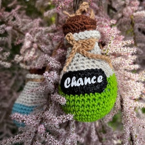 Könnte beinhalten: Gehäkelter Flaschenornament mit braunem Deckel, beigem Körper und grünem Boden. Die Flasche hat ein schwarzes Etikett mit dem Wort "Chance" in Weiß. Der Ornament hängt an einem Ast mit rosa Blüten.
