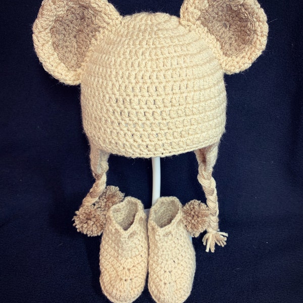 Ensemble bonnet péruvien et chaussons " Ours" pour bébé de la naissance à 9 mois