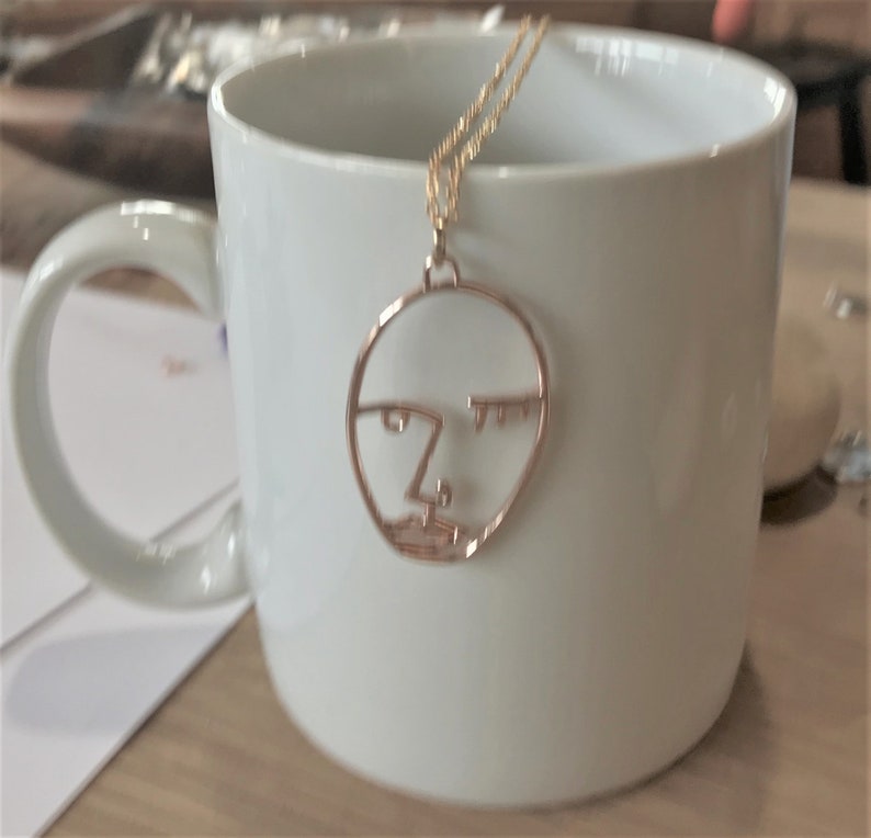 Gold Plate Wire Picasso Face Pendant Jewelry Winking Face Necklace Picasso Face Necklace Gold Plated Picasso Statement Artsy Necklace
