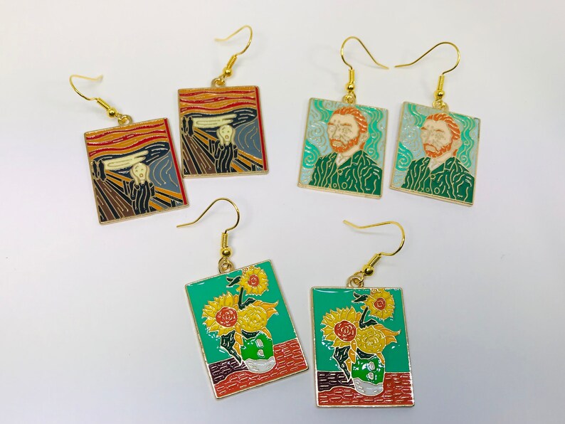 World Famous Painting Earrings, World Famous Painter Earrings, Vincent Van Gogh Earrings, Sunflower Earrings, Edvard Munch Scream Earrings 