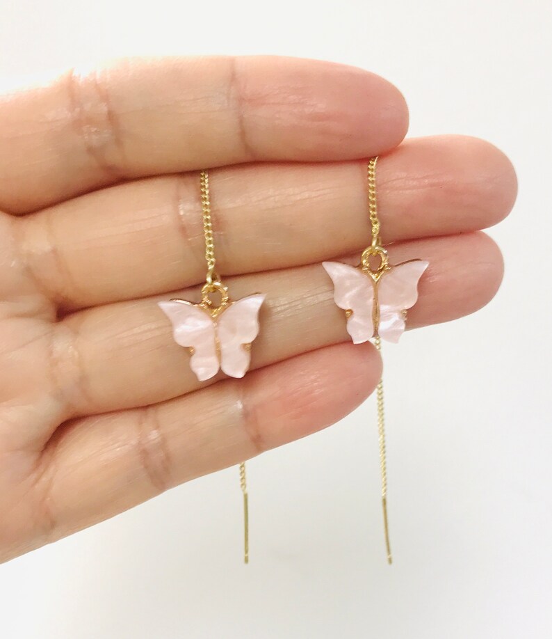 Dainty Butterfly Threader Earrings Pearl Butterfly Earrings Etsy