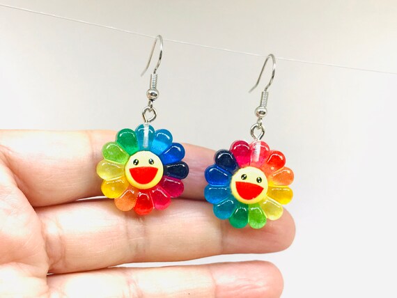 Clay Rainbow Flower Earrings Flower Smiley Face Earrings Indie Smiley Face Flower Earrings