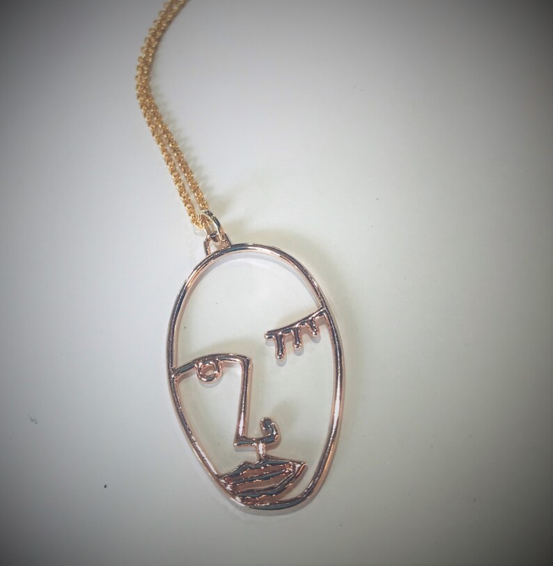Gold Plate Wire Picasso Face Pendant Jewelry Winking Face Necklace Picasso Face Necklace Gold Plated Picasso Statement Artsy Necklace