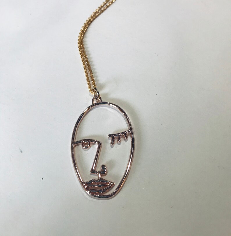 Gold Plate Wire Picasso Face Pendant Jewelry Winking Face Necklace Picasso Face Necklace Gold Plated Picasso Statement Artsy Necklace