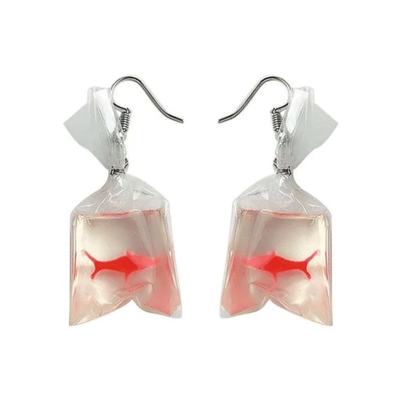 Fish Bag Earrings, Bag of Fish, Goldfish, Fish Earrings, Koi Fish, Novelty Earrings, EDM fashion, music festival, kandicore, 90s accessories 