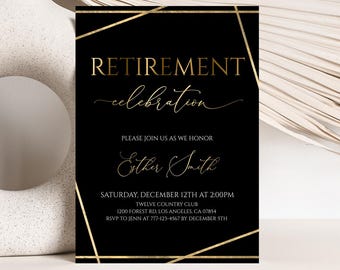 Retirement Invitation Black Gold Party Invite Editable Instant Download