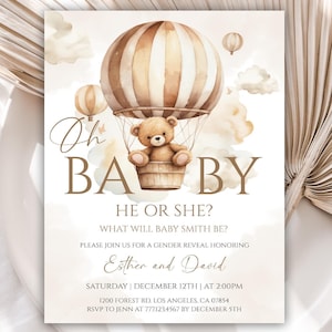 Editable Oh Baby Bear Hot Air Balloon Gender Reveal Invitation, Bear Gender Reveal Invitation, He or She Gender Reveal Invitation, 73BB