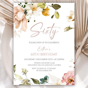Editable 60th Birthday Invitation, Floral Birthday Dinner Invitation for Women, Birthday Digital Invitation Template, 143BI