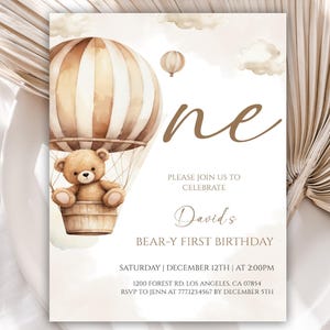 Editable Bear Hot Air Balloon First Birthday invitation, We Can Bearly Wait 1st birthday invite, Bear Balloon Birthday Invitation, 73BB