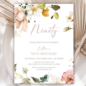 Editable 90th Birthday Invitation, Floral Birthday Dinner Invitation for Women, Birthday Digital Invitation Template, 143BI
