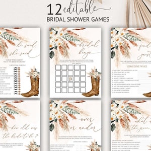 Giochi per addio al nubilato in stile boho, stampabili e modificabili, pacchetto di giochi per addio al nubilato con stivali da cowgirl, giochi per feste nuziali, download immediato, cowboy, 65BS