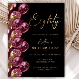 Editable 80th Birthday Invitation, Burgundy and Gold Birthday Balloons Digital Invitation, Birthday Dinner Invitation Template, 119BI