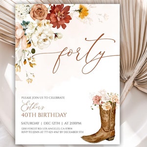 40. Geburtstag Einladungskarte, Geburtstagseinladungen, Cowgirl Stiefel Geburtstag einladen, bearbeitbare Vorlage, Sofort Download, Cowboy, 65BI