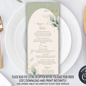Szablon menu Sage Green, Karta menu na baby shower, Brunch na baby shower, Menu stołu do druku, Kolacja, Zieleń, Pobieranie cyfrowe, 15BB