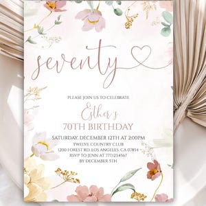 Aquarel geperste bloemen 70e verjaardagsuitnodiging voor vrouwen, Wildflower 70e verjaardag uitnodigen, Instant Download, bewerkbare sjabloon, 74BI