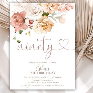 Invito per il 90° compleanno, inviti per feste di compleanno per donne, invito floreale per lei, modello modificabile, download immediato, 50BI