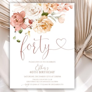40th Birthday Invitation, Birthday Party Invitations for Women, Floral Birthday Invite for Her, Editable Template, Instant Download, 50BI