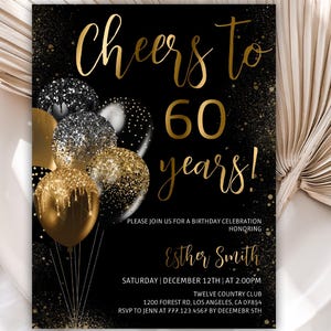 60e verjaardagsuitnodiging, verjaardagsuitnodigingen, zwarte en gouden glitterballonnen verjaardagsuitnodiging, Cheers to 60 Years, bewerkbare sjabloon, 53