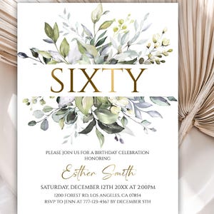 Editable 60th birthday Invitation, Eucalyptus Birthday Invitation Template, Greenery Birthday Invitation for Women, 108BI