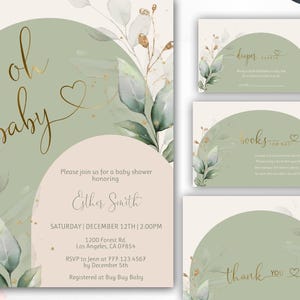 Sage Green Baby Shower Invitation Set, Greenery Baby Shower Arch, Oh Baby Invitation, Gender Neutral Baby Shower Invite, Eucalyptus, 15BB