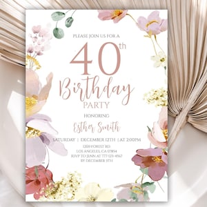 Verjaardagsuitnodiging aquarel geperste bloemen, wilde bloemen 40e verjaardag uitnodigen, Instant Download, bewerkbare sjabloon, digitaal, 76BI