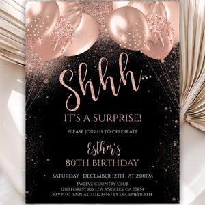 Surprise Birthday Invitation, 80th Birthday Invitation, Rose Gold Birthday Invitations for Women, Birthday Invite for Her, Editable, 25BI
