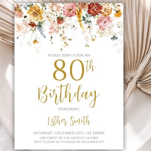 80th Birthday Invitation, 80th Birthday Invitations for Women, Flower Birthday Party Invitation, Digital Download, Editable Template, 10BI