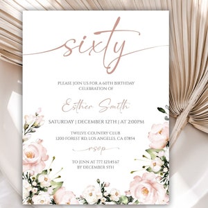 Editable 60th Birthday Invitation, Floral 60th Birthday Invitation for women, Garden Flowers 60th Birthday Invitation Templates, 121BI