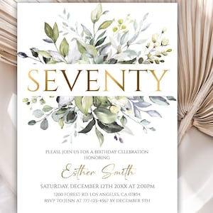 Editable 70th birthday Invitation, Eucalyptus Birthday Invitation Template, Greenery Birthday Invitation for Women, 108BI