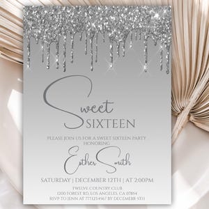 Sweet 16 Einladung, 16. Geburtstagseinladungen, Silber Glitter Drip Geburtstag einladen, Sweet Sixteen, bearbeitbare Vorlage, Sofort Download