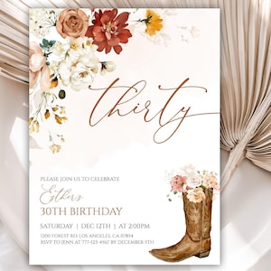 30th Birthday Party Invitation, Birthday Invitations, Cowgirl Boots Birthday Invite, Editable Template, Instant Download, Cowboy, 65BI