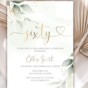 Editable 60th birthday Invitation, Greenery Birthday Invitation for Women, Eucalyptus Birthday Invitation, 109BI