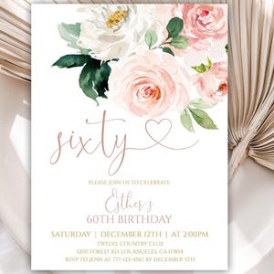 60th Birthday Invitation, Flower Birthday Party Invitations, Floral Birthday Invite for Women, Editable Template, Instant Download, 52BI
