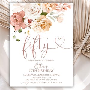 50th Birthday Invitation, Birthday Party Invitations for Women, Floral Birthday Invite for Her, Editable Template, Instant Download, 50BI