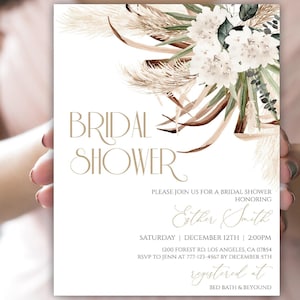 Boho Bridal Shower Invitation, Bohemian Bridal Shower Invite, Boho Bridal Shower Template, Pampas Grass Invite, Dried Flowers, 41BS