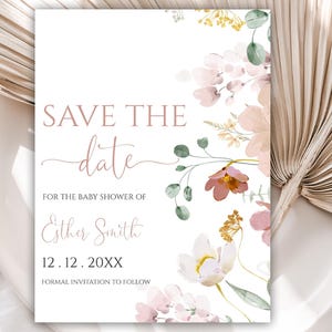 Bearbeitbare gepresste Blumen-Babyparty-Abwehr das Datum, Wildblumen Save The Date-Karten, Babypartyvorlage, Sofortiger Download, Aquarell, 59BB