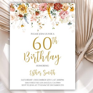 60th Birthday Invitation, 60th Birthday Invitations for Women, Flower Birthday Party Invitation, Digital Download, Editable Template, 10BI