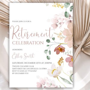 Invitation départ à la retraite imprimable fleurs aquarelles, fleurs sauvages, invitations à la fête de la retraite, téléchargement immédiat, modèle modifiable, 26RI