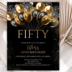 50th Birthday Invitation Template, Birthday Party Digital Invitations, Black and Gold Glitter Balloons Birthday Invite, Editable, 80BI