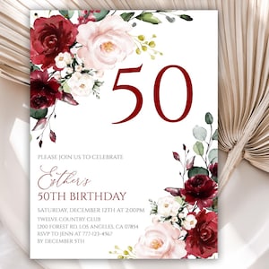 50th Birthday Invitation, Birthday Party Invitations, Burgundy Floral Birthday Invite, Editable Template, Instant Download, 63BI