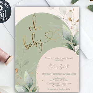 Sage Green Baby Shower Invitation Template, Baby Shower Arch Invitation, Oh Baby Invitation, Gender Neutral, Greenery Eucalyptus, 15BB