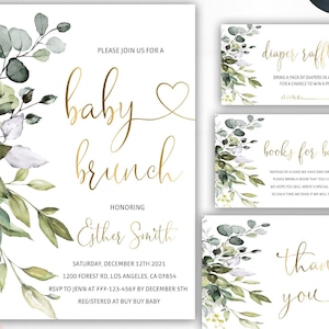 Sjabloon uitnodiging groen babybrunch, eucalyptusdouche, babyshowerbrunch, sappig, bewerkbaar, direct downloaden, 5B