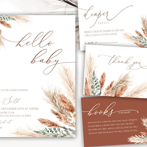 Boho Baby Shower Invitation, Baby Shower Invitation Template, Pampas Baby Shower Suite, Terracotta Baby Shower Invite, Gender Neutral, 26BB