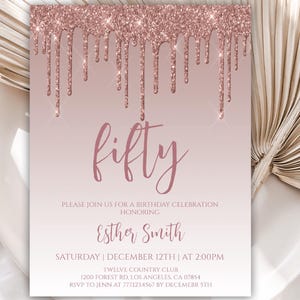 50th Birthday Invitation for Women, Rose Gold Birthday Invitations, Birthday Invite for Her, Editable Template, Instant Download, 26BI