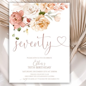 Invito per il 70° compleanno, inviti per feste di compleanno per donne, invito floreale per lei, modello modificabile, download immediato, 50BI