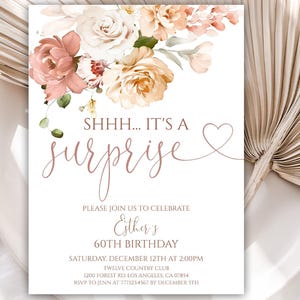 Editable Surprise Birthday Invitation Template, Floral Birthday Party Digital Invitations for Women, Birthday Invite for Her, 50BI